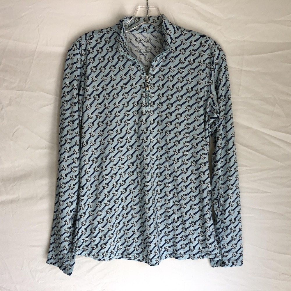 SanSoleil Shirt Womens Medium Blue Stirrup Print UV 50+ Quarter Zip Golf Top